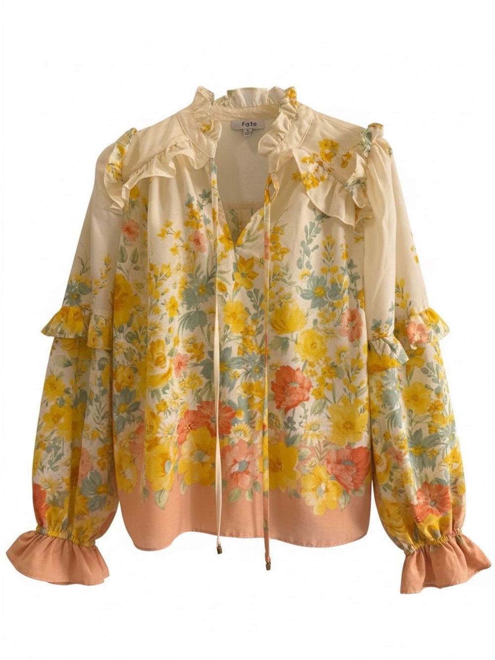 Fate Floral Ruffle Blouse in Cream, Yellow & Peach